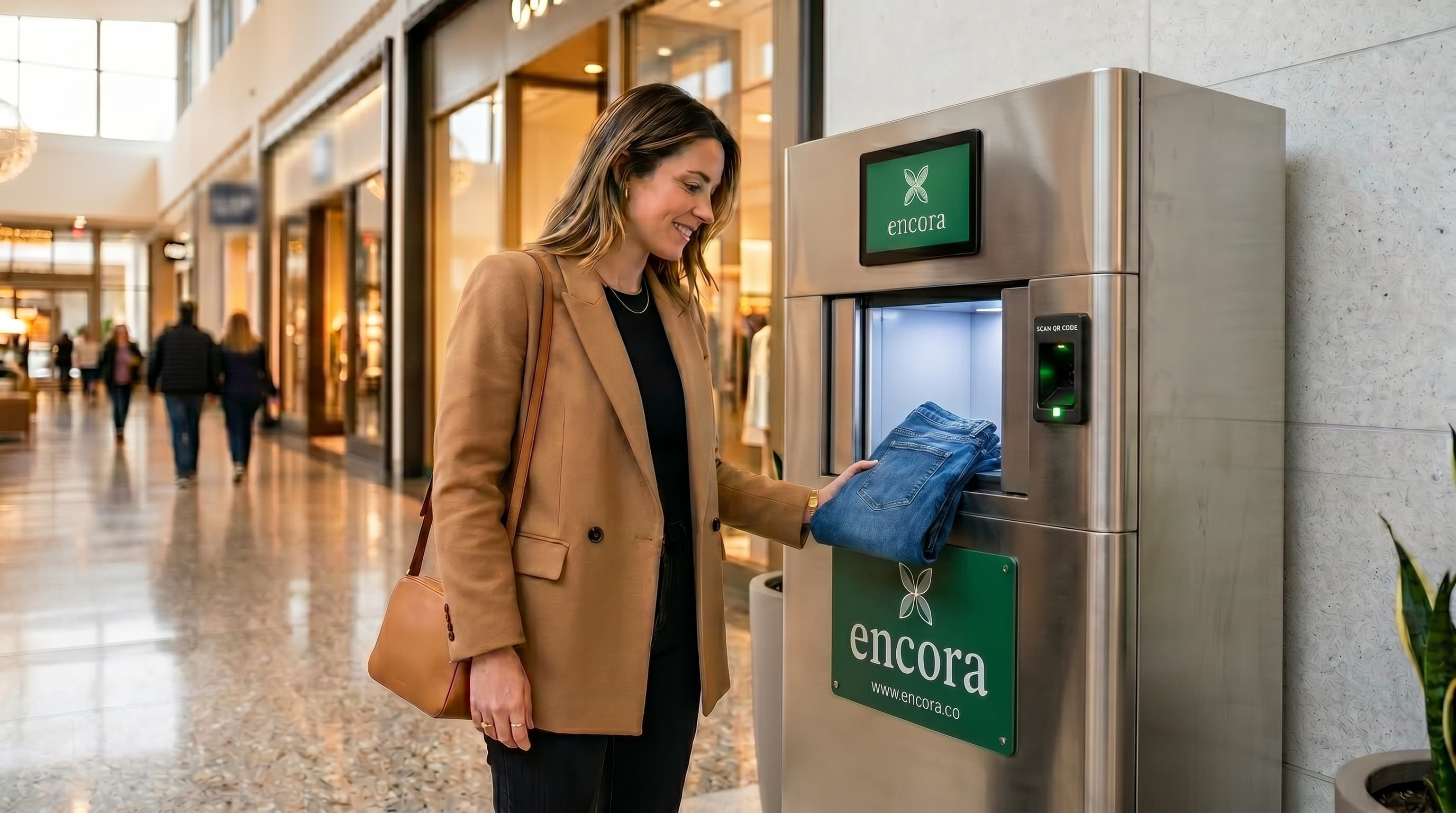 Woman returning item to Encora RetAI kiosk in mall