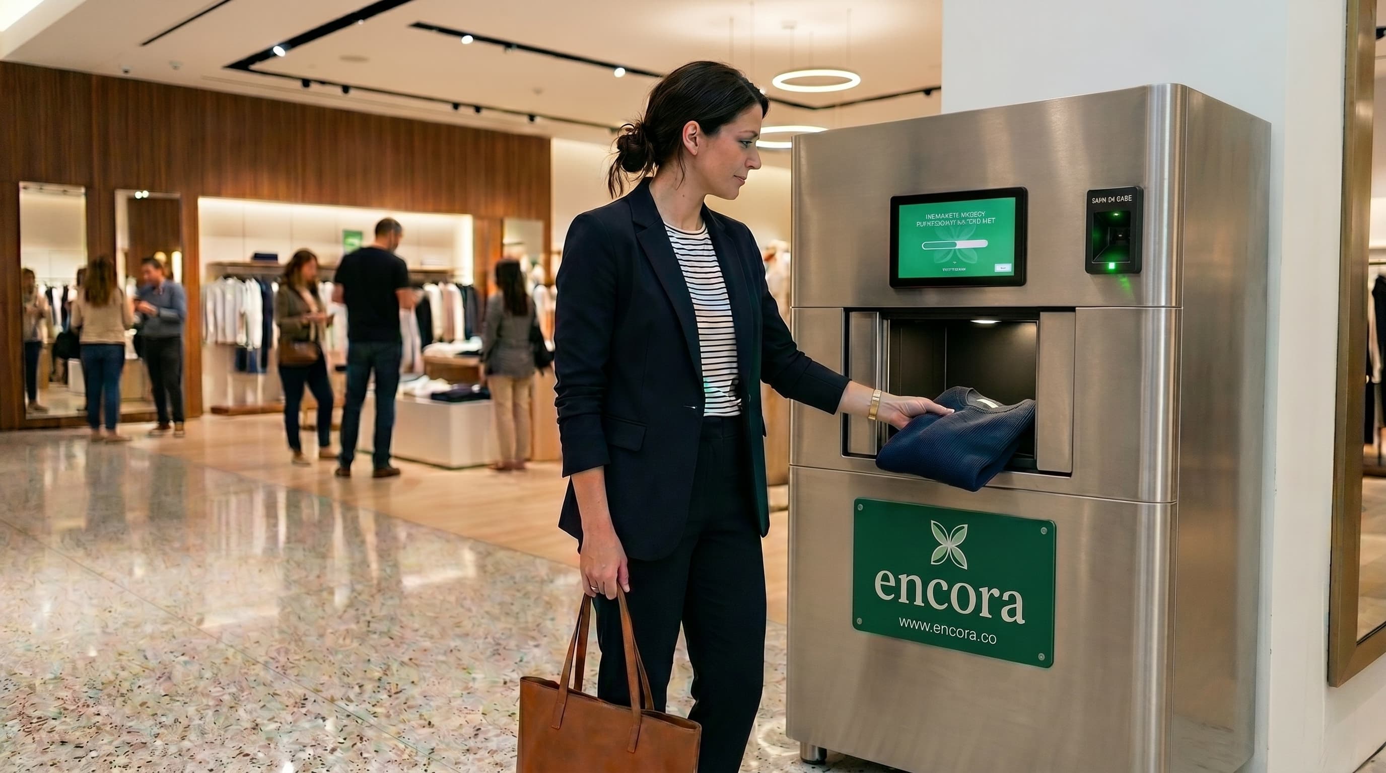 Woman returning item at Encora kiosk in retail store